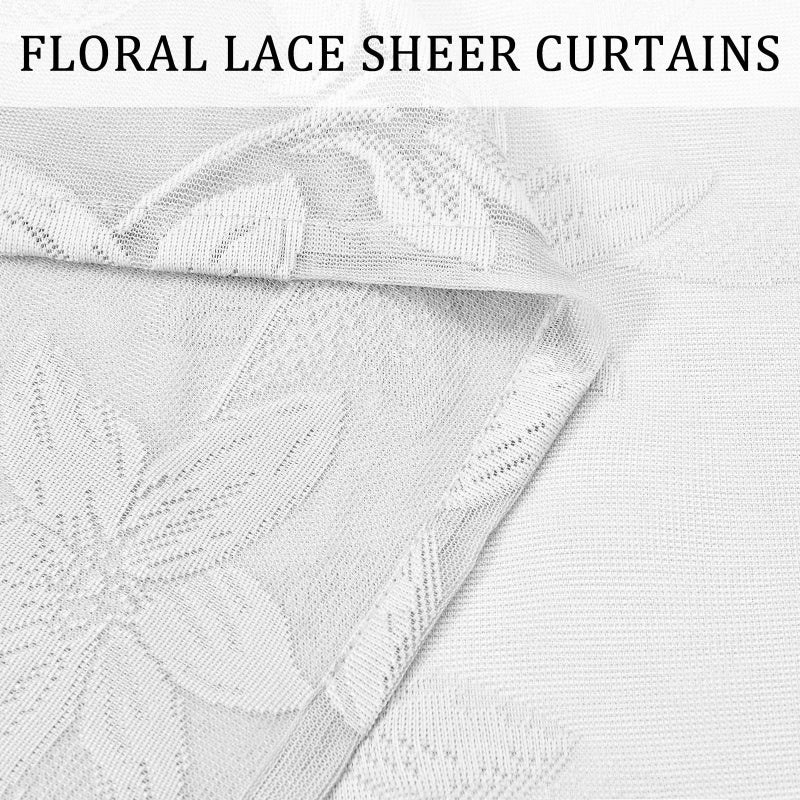 DWCN White Short Sheer Curtains for Kitchen - Floral Lace Design Rod Pocket Window Voile Sheer Drapes for Living Room Kitchen Short Curtains 42 x 45 inch Length, Set of 2, White - Image 4